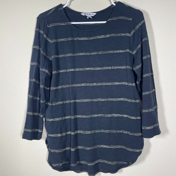 Tommy Bahama Women's Ashby Black Metallic Gold Stripe Top 3/4 SLV Sz Medium - Picture 1 of 5